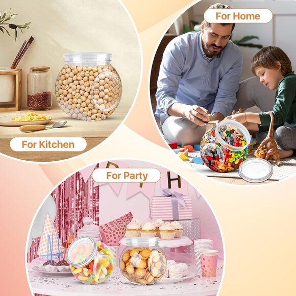 Party Time Set of 4 Plastic Rounded 47.60oz Candy Jars w/ Lids & Scoops Buffet - Picture 5 of 7